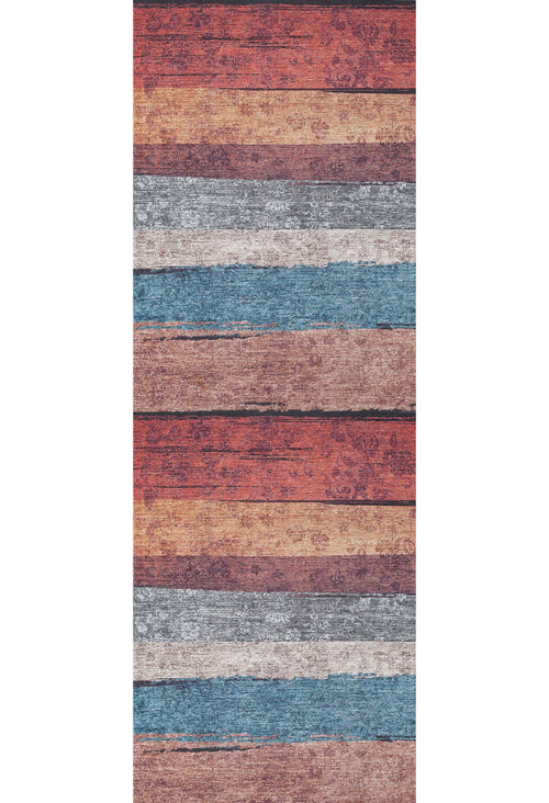 Load image 1 in gallery view. The Urban Edge - Washable Rug - JR2005 features a multicolor flat weave with horizontal wooden plank stripes in red, brown, gray, and blue—stylish and practical for any room.