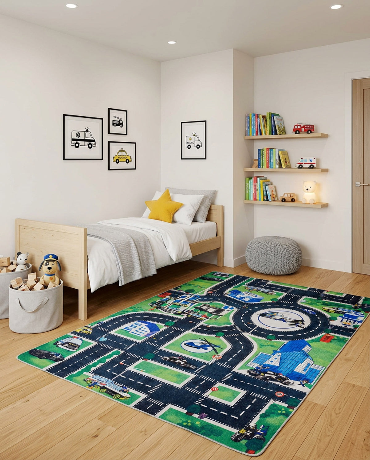 Children's rug featuring a city road map with vehicles and buildings, styled in a modern bedroom.