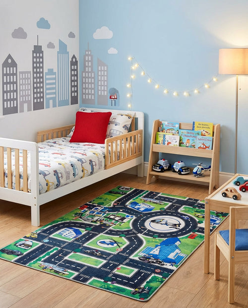 Load image 1 in gallery view. Green and blue rug featuring a city street map with roads and buildings, styled in a child's bedroom.