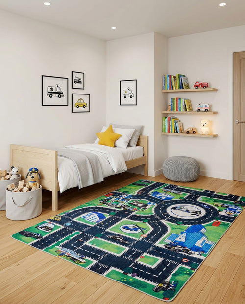 Load image 1 in gallery view. Children's rug featuring a city road map with vehicles and buildings, styled in a modern bedroom.