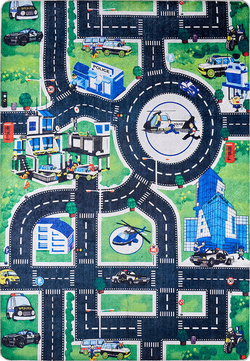 Load image 1 in gallery view. The Urban Road - Machine-Washable Rug JRC013 (Custom Size) is a vibrant play mat with roads, intersections, buildings, police cars, helicopters, grassy areas, signs, and a central roundabout—ideal for imaginative play and busy spaces.