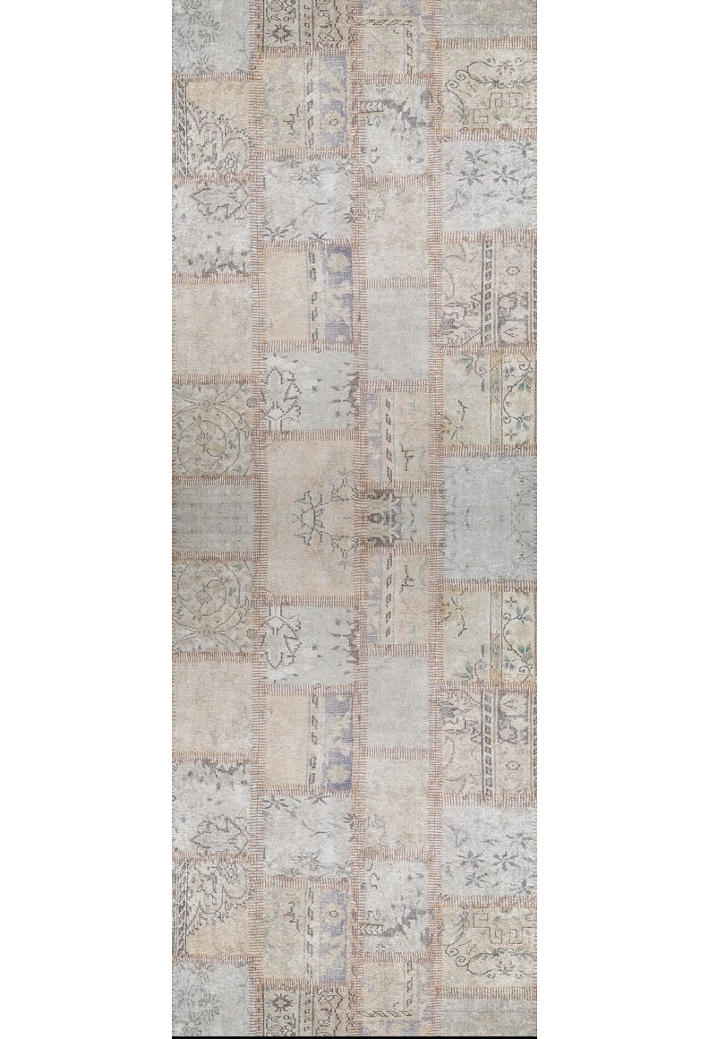 The Urban Utopia - Washable Rug - JR1957 is a rectangular flat weave rug with a vintage patchwork design, featuring ornate floral and geometric patterns in muted cream, beige, gray, blue, and light brown tones. Distressed for easy-care style.