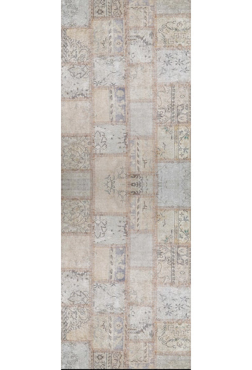 Load image 1 in gallery view. The Urban Utopia - Washable Rug - JR1957 is a rectangular flat weave rug with a vintage patchwork design, featuring ornate floral and geometric patterns in muted cream, beige, gray, blue, and light brown tones. Distressed for easy-care style.