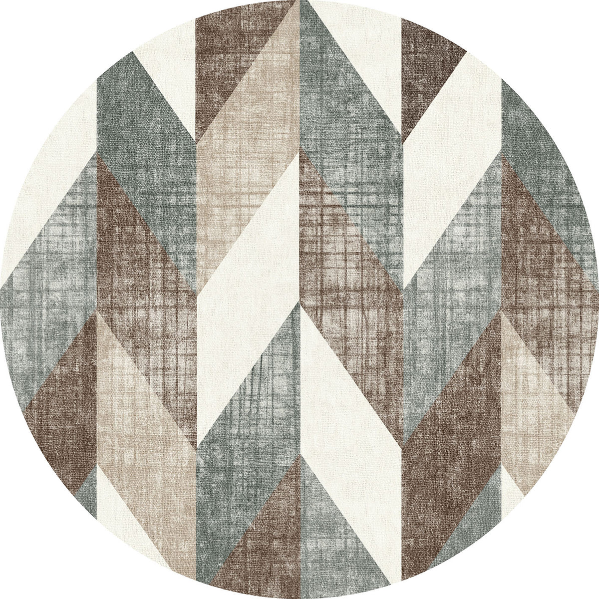 Round rug with a geometric chevron pattern in shades of brown, grey, and cream with a textured, distressed finish.