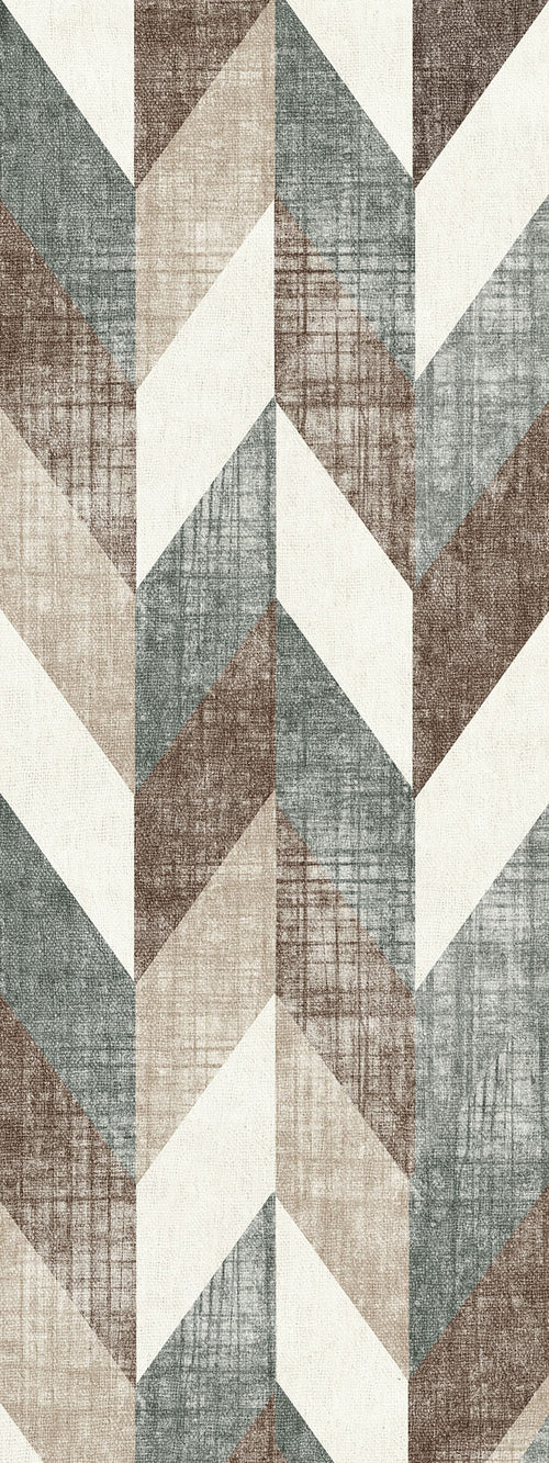 Load image 1 in gallery view. Geometric chevron rug with a distressed texture in shades of slate blue, brown, beige, and cream.
