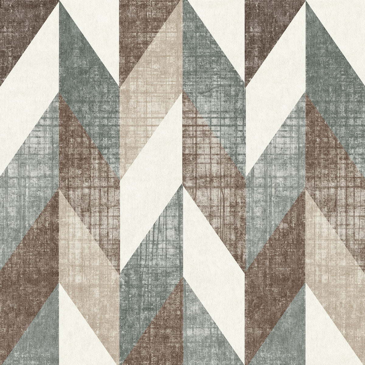 Geometric chevron rug in shades of brown, grey, and cream with a distressed, textured finish.