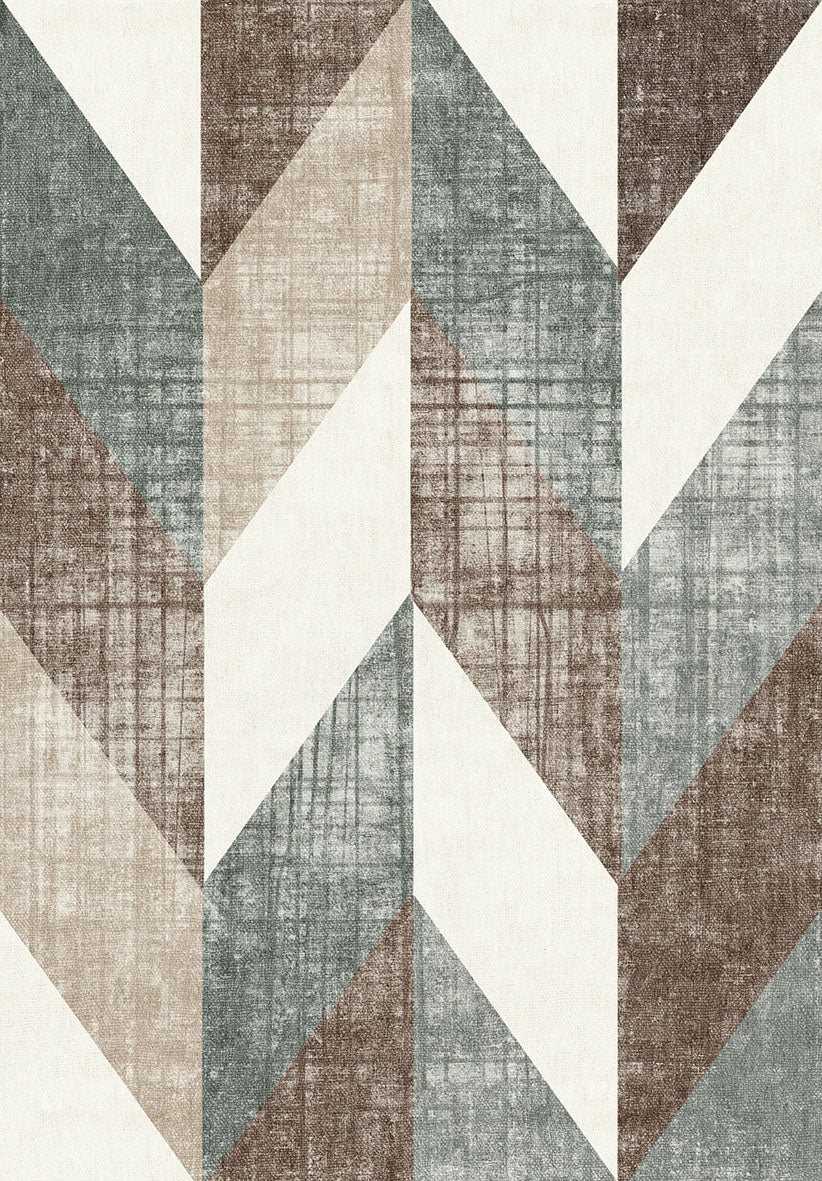 Geometric rug with a distressed chevron pattern in shades of slate blue, brown, beige, and cream.