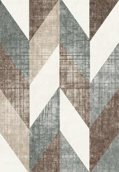 Load image 1 in gallery view. Geometric rug with a distressed chevron pattern in shades of slate blue, brown, beige, and cream.