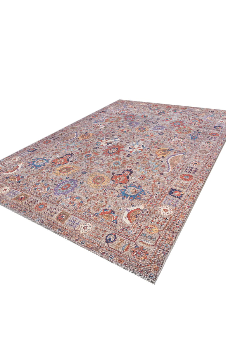 The Velorio Floral Washable Rug - LCC3006 is a rectangular Persian-style rug with intricate floral and geometric patterns in red, blue, gold, purple, and beige—ideal for allergy-sensitive homes and high-traffic areas. Displayed on a white background.