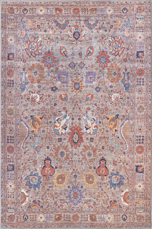 Load image 1 in gallery view. The Velorio Floral Washable Rug - LCC3006 (Custom Size) features intricate Persian-inspired floral, bird, and vine motifs in soft pastel blue, beige, red, and gold—perfect for high-traffic areas with its symmetrical design and detailed border.