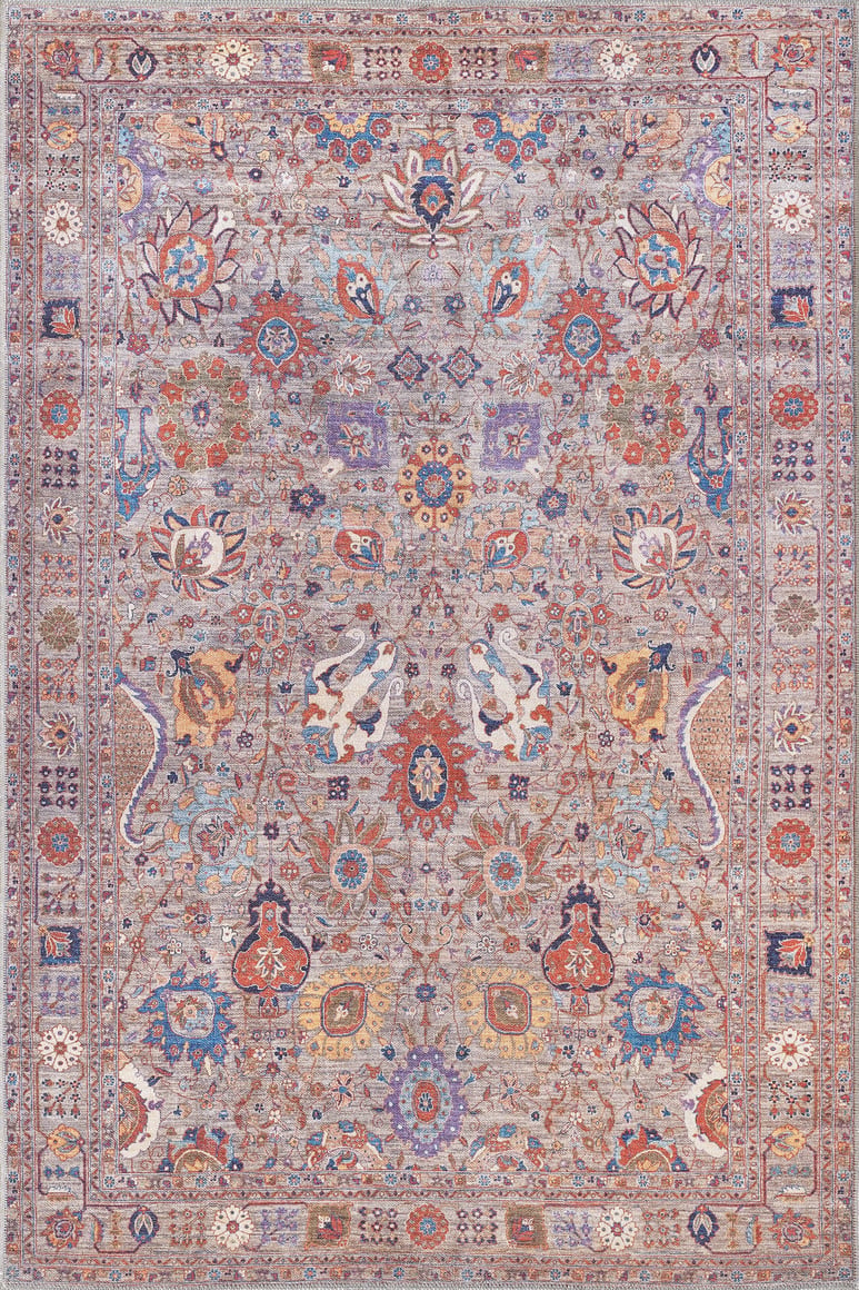 The Velorio Floral Washable Rug - LCC3006 (Custom Size) features intricate Persian-inspired floral, bird, and vine motifs in soft pastel blue, beige, red, and gold—perfect for high-traffic areas with its symmetrical design and detailed border.