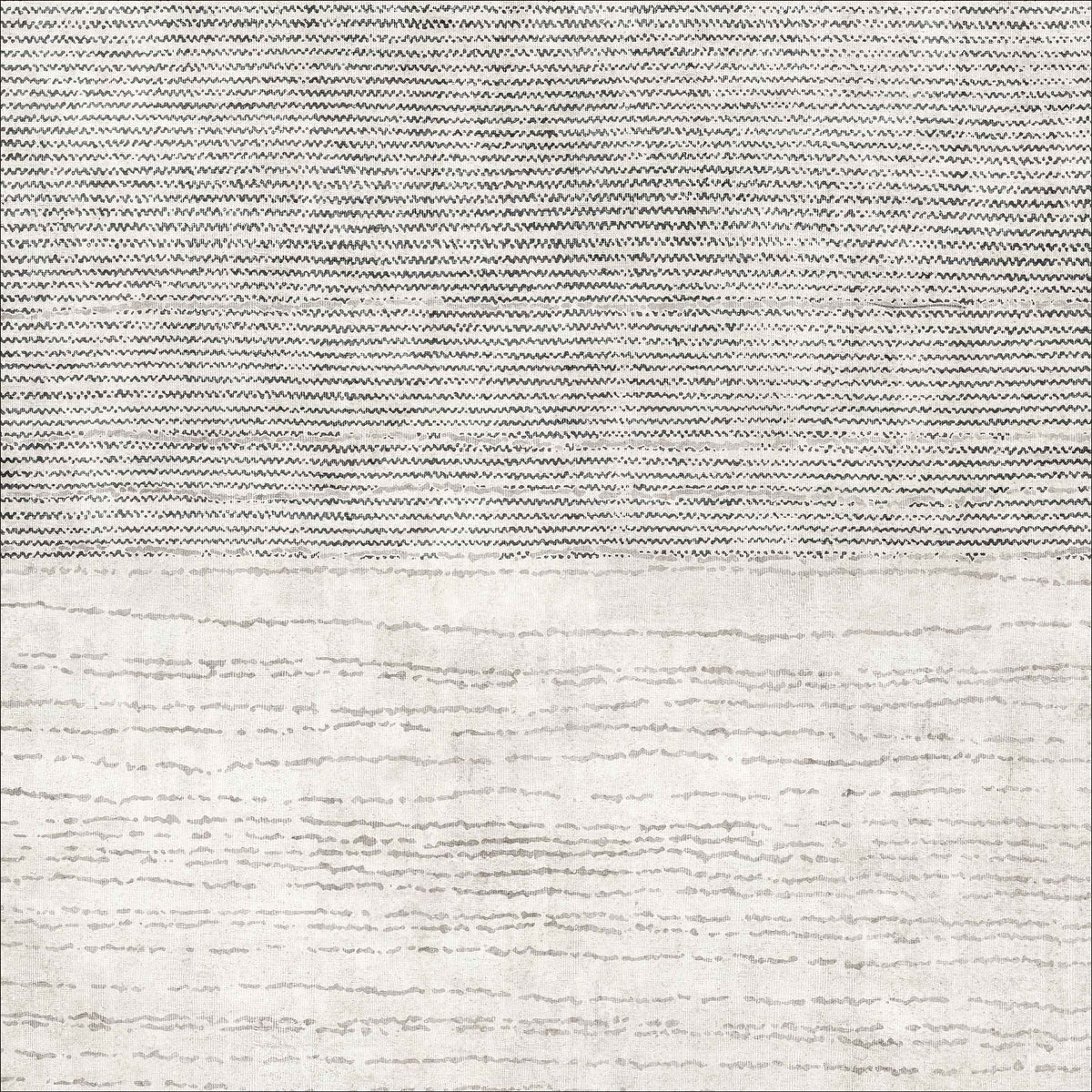 The Velvet Echo - Washable Rug - JRN25 features a flat weave with dense black and white lines on the upper half and lighter, irregular gray lines on a pale background below, offering a bold contrast in texture and pattern.