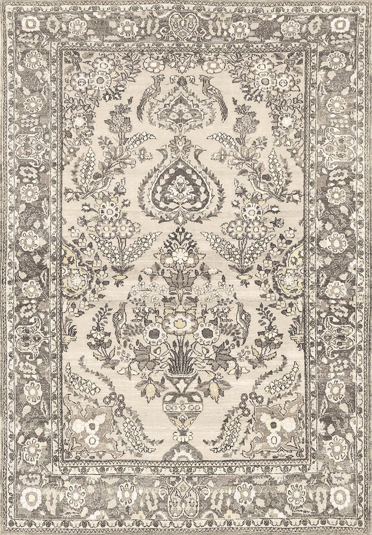 The Velvet Mosaic - Washable Rug - JRN1004 features a rectangular Oriental design with intricate beige, gray, and cream floral and geometric patterns. Its symmetrical borders bring timeless elegance to traditional interiors.