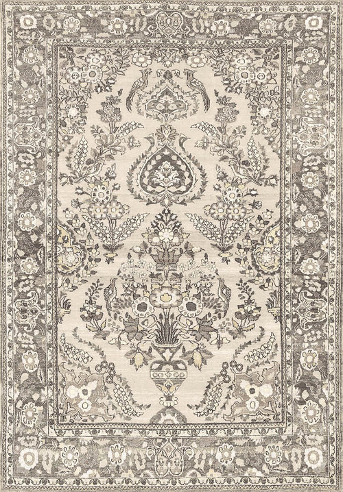 Load image 1 in gallery view. The Velvet Mosaic - Washable Rug - JRN1004 features a rectangular Oriental design with intricate beige, gray, and cream floral and geometric patterns. Its symmetrical borders bring timeless elegance to traditional interiors.