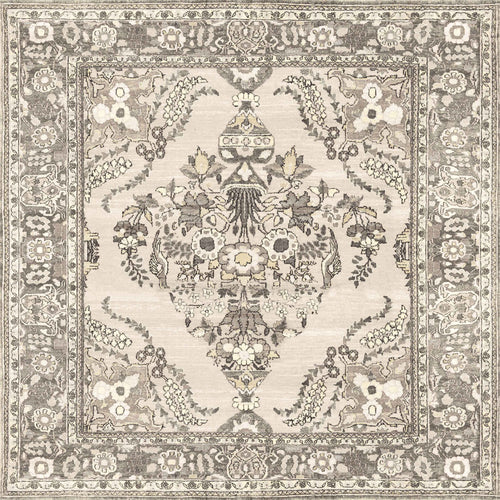 Load image 1 in gallery view. Velvet Mosaic - Washable Rug - JRN1004: A square rug with an ornate Oriental design, floral and vine motifs in beige, gray, and cream. Features a decorative border, symmetrical medallion—ideal for traditional interiors. Machine washable for easy care.