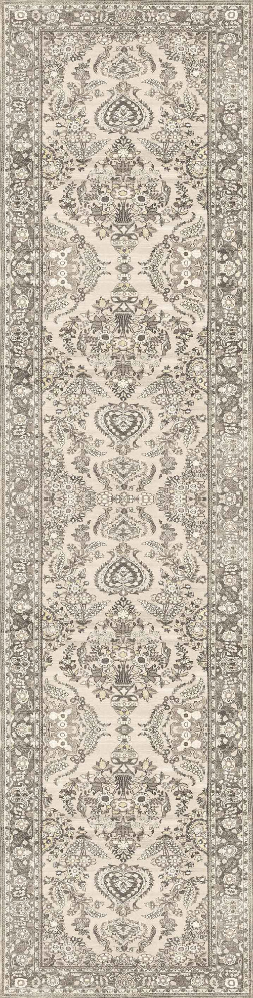 Load image 1 in gallery view. The Velvet Mosaic - Washable Rug (JRN1004) features a beige and gray Oriental floral and vine pattern with a detailed border, offering a vintage look ideal for traditional interiors.