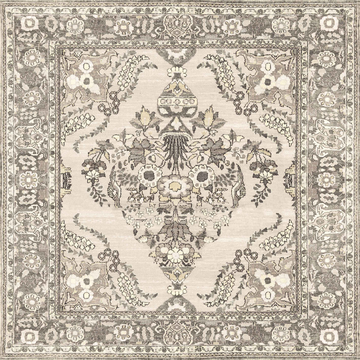 The Velvet Mosaic - Washable Rug - JRN1004 (Custom Size) features an intricate floral and botanical pattern in beige, grey, and cream, with a symmetrical medallion and detailed border inspired by classic Oriental designs—ideal for traditional spaces.