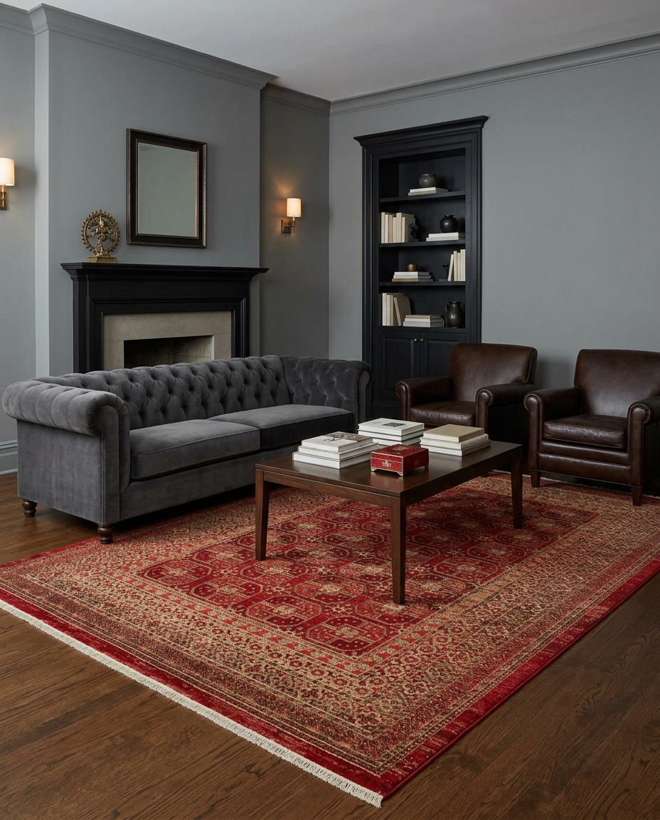 Red and beige traditional rug with a geometric medallion pattern, styled in a formal living room.