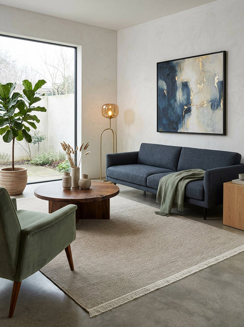 Bild 1 in Galerieansicht laden. A modern living room with a large window, gray sofa, green armchair, round wooden coffee table, Velvet Touch Beige Area Rug - PST002, potted plant, floor lamp, and abstract blue and gold wall art.