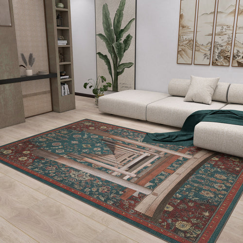Bild 1 in Galerieansicht laden. A modern living room featuring the Verdant Frame - Washable Rug - JRS022 with geometric and floral designs, a light sectional sofa, green throw, decorative pillows, potted plant, wall art, shelving—ideal for wood floors in contemporary spaces.