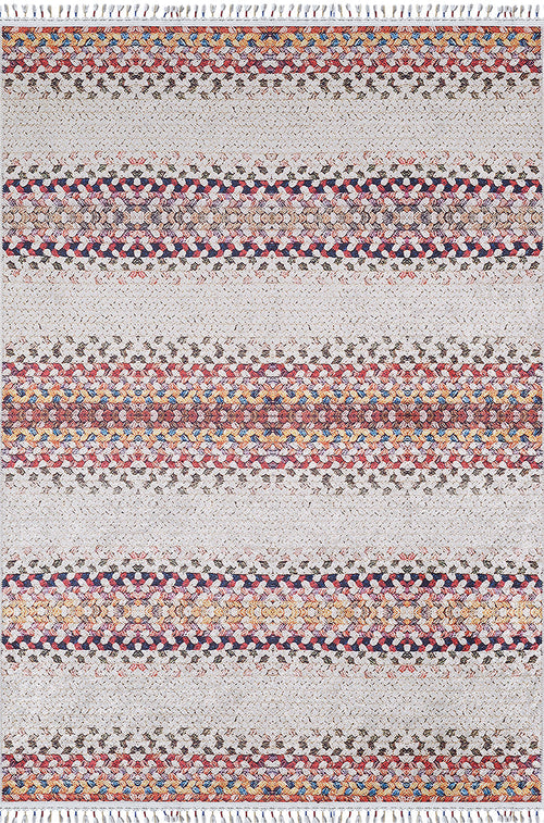 Load image 1 in gallery view. The Vibrant Rainbow - Machine-Washable Rug (JR5001, Custom Size) features a light beige background with horizontal rows of small, multicolored geometric patterns and fringed edges—perfect for high-traffic areas.