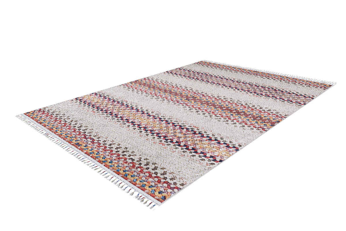 The Vibrant Rainbow - Machine-Washable Rug (JR5001, Custom Size) has a white base, colorful intricate horizontal patterns, and fringed short edges—ideal for high-traffic areas.