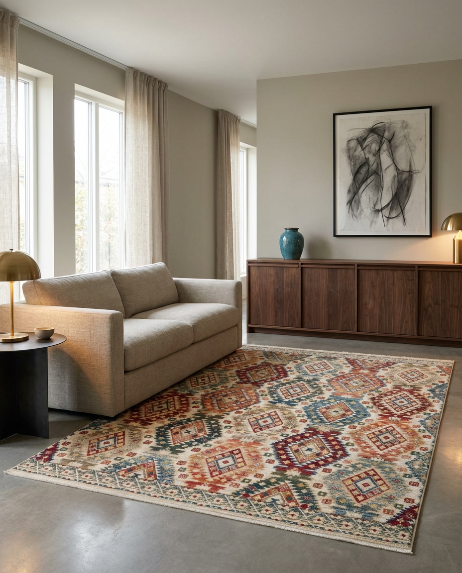 Multi-colored rug with a geometric diamond pattern in a modern living room with a beige sofa and walnut sideboard.