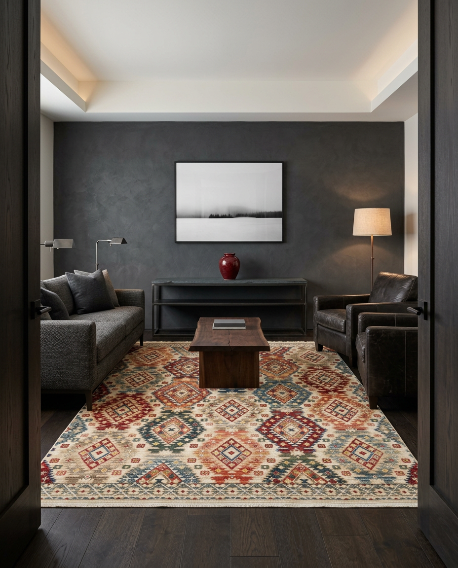 Multi-colored geometric patterned rug in red, blue, and cream, styled in a modern living room.