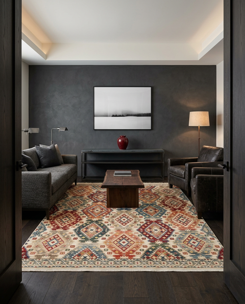 Load image 1 in gallery view. Multi-colored geometric patterned rug in red, blue, and cream, styled in a modern living room.