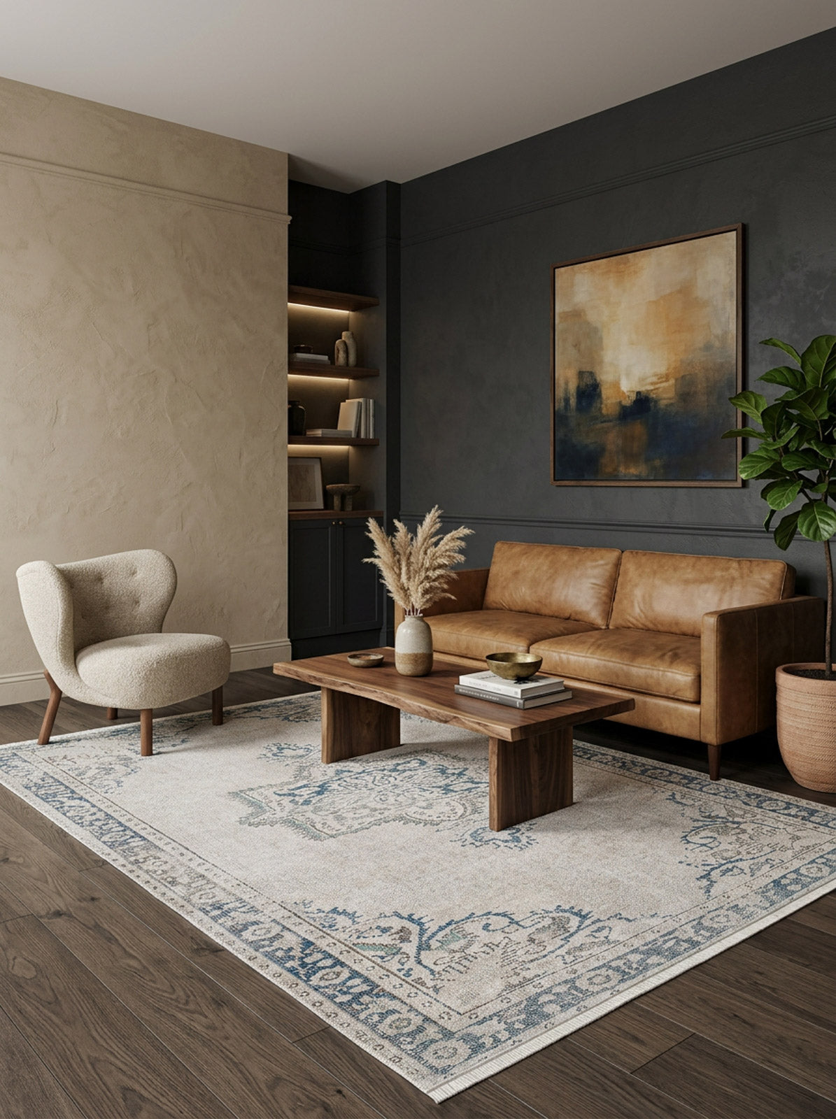 Cream and blue traditional medallion rug with a distressed finish, styled in a modern living room.
