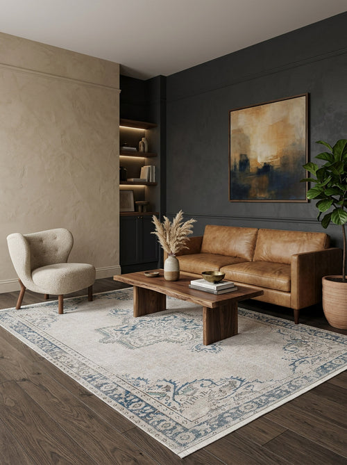 Load image 1 in gallery view. Cream and blue traditional medallion rug with a distressed finish, styled in a modern living room.
