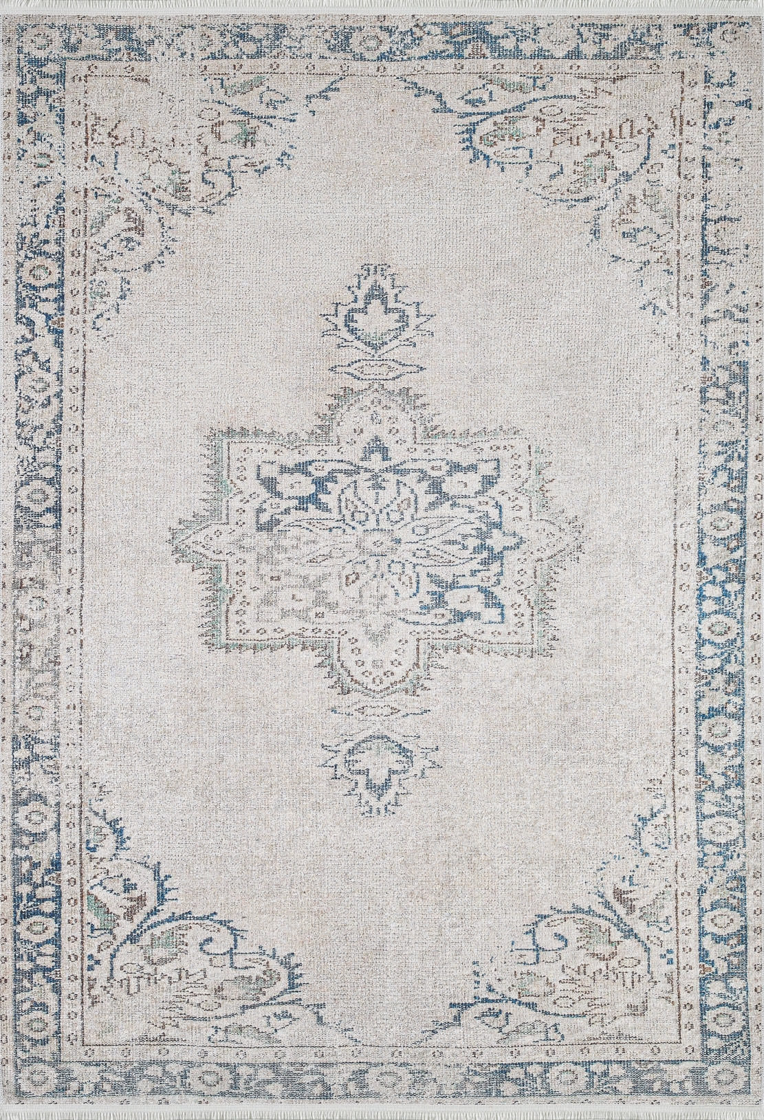 The Vintage Beauty - Washable Rug - JR1688 (Custom Size) features a faded vintage-style floral and geometric pattern in light beige, blue, and gray with decorative borders and a central medallion—perfect for high-traffic areas.