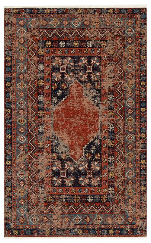 Load image 1 in gallery view. The Vintage Echo - Washable Kilims - AND04 features a bold red central medallion, dark blue accents, and geometric motifs in red, blue, beige, and gold with multiple decorative borders for a traditional vintage look