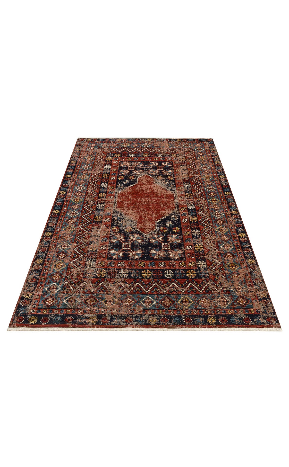 The Vintage Echo - Washable Kilims - AND04 is a rectangular chenille polyester rug with an intricate multicolored geometric and floral pattern, central medallion, and decorative borders in red, navy, blue, cream, and rust.