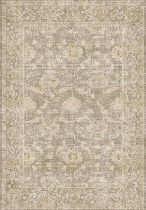 Load image 1 in gallery view. The Vintage Linen - Washable Rug - JRN1028 features a faded floral and geometric pattern in beige, taupe, and light gray, a decorative border, and an intricate center—perfect for high-traffic, allergy-sensitive homes.
