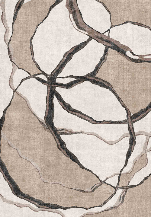 Load image 1 in gallery view. The Vintage Muse - Washable Rug - JRN47 showcases an abstract flat weave with overlapping black, beige, and brown curves forming organic shapes on a light tan background, offering modern artistry and effortless style.