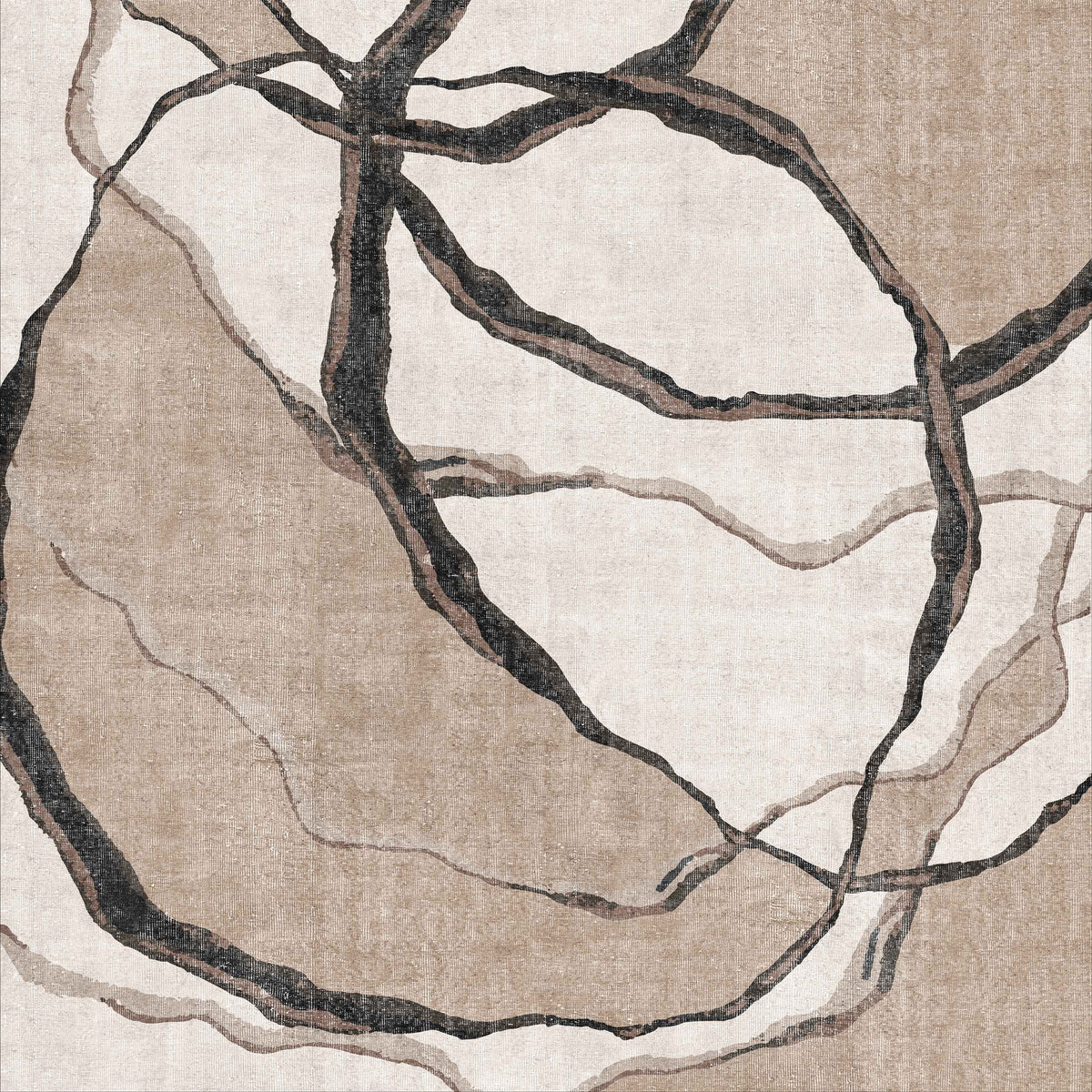 The Vintage Muse - Washable Rug - JRN47 features abstract, overlapping curved lines in dark brown and beige on a light tan background, offering an allergy-sensitive option with an organic, textured appearance.