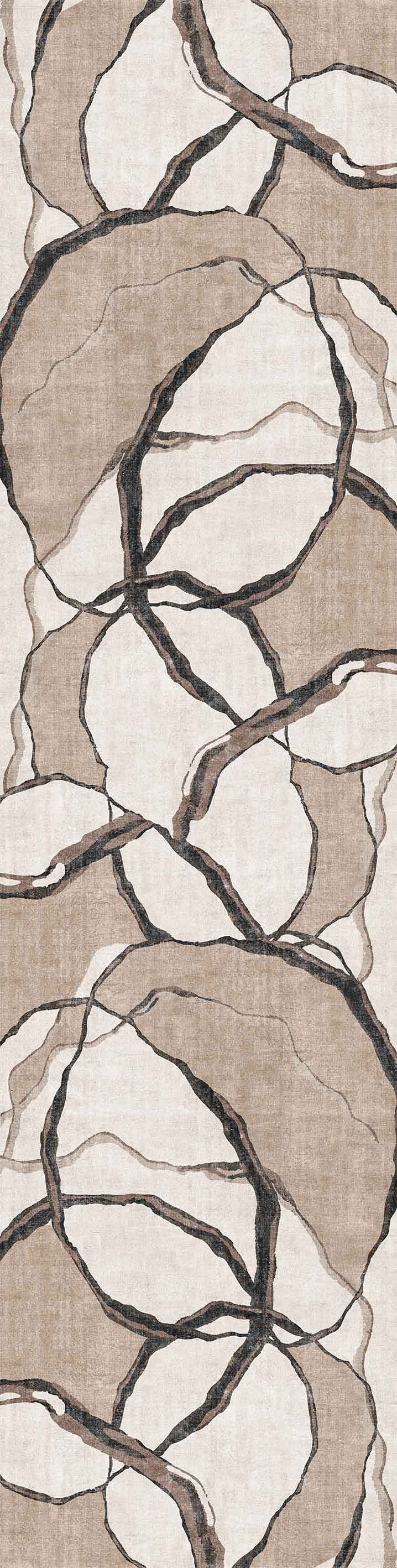 The Vintage Muse - Washable Rug - JRN47 features an abstract flat weave with overlapping beige, light brown, and cream circles and dark wavy lines for a stone-like look—ideal for allergy-sensitive homes.