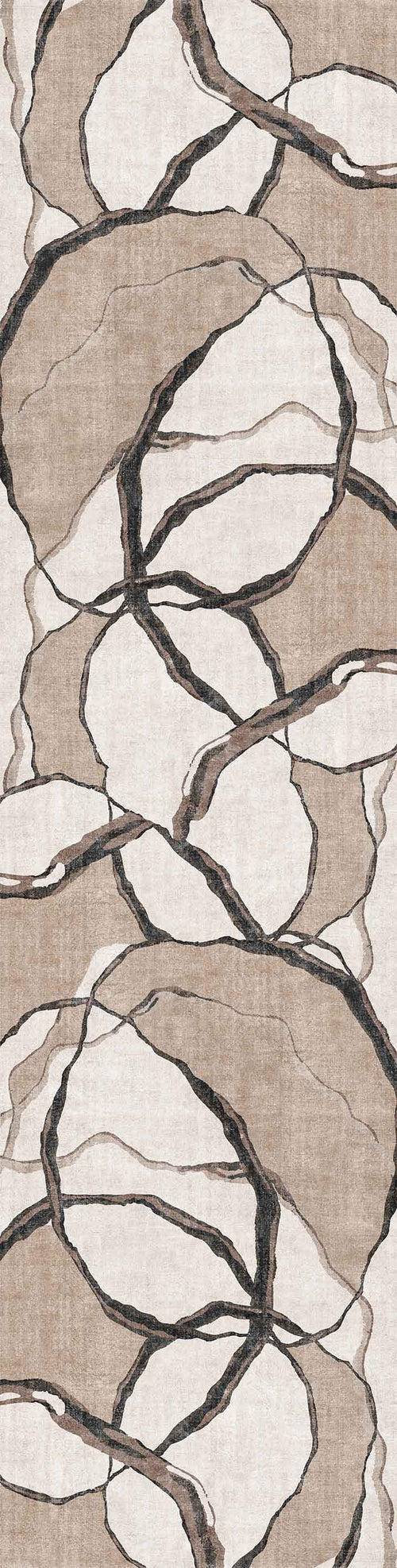 Load image 1 in gallery view. The Vintage Muse - Washable Rug - JRN47 features an abstract flat weave with overlapping beige, light brown, and cream circles and dark wavy lines for a stone-like look—ideal for allergy-sensitive homes.