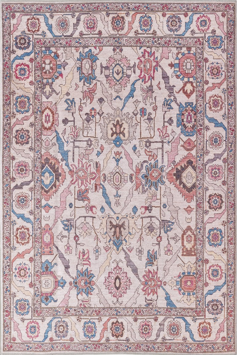 The Vivencia Authentic Washable Rug - LCC3016 (Custom Size) is a rectangular, allergy-friendly rug with an intricate floral and geometric design in pink, blue, cream, and beige tones, framed by a decorative border.