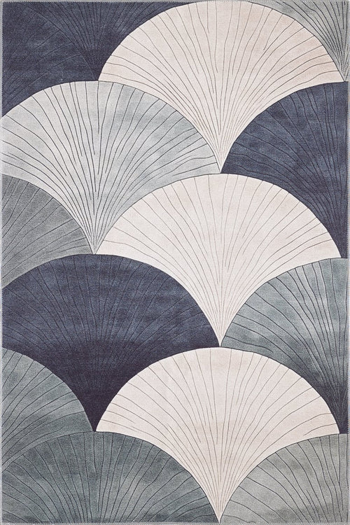 Bild 1 in Galerieansicht laden. The Vivian Modern Washable Area Rug - MDJ010 features a repeating scalloped fan pattern in cream, gray, and dark blue with fine radiating lines—perfect for high-traffic and allergy-sensitive homes.