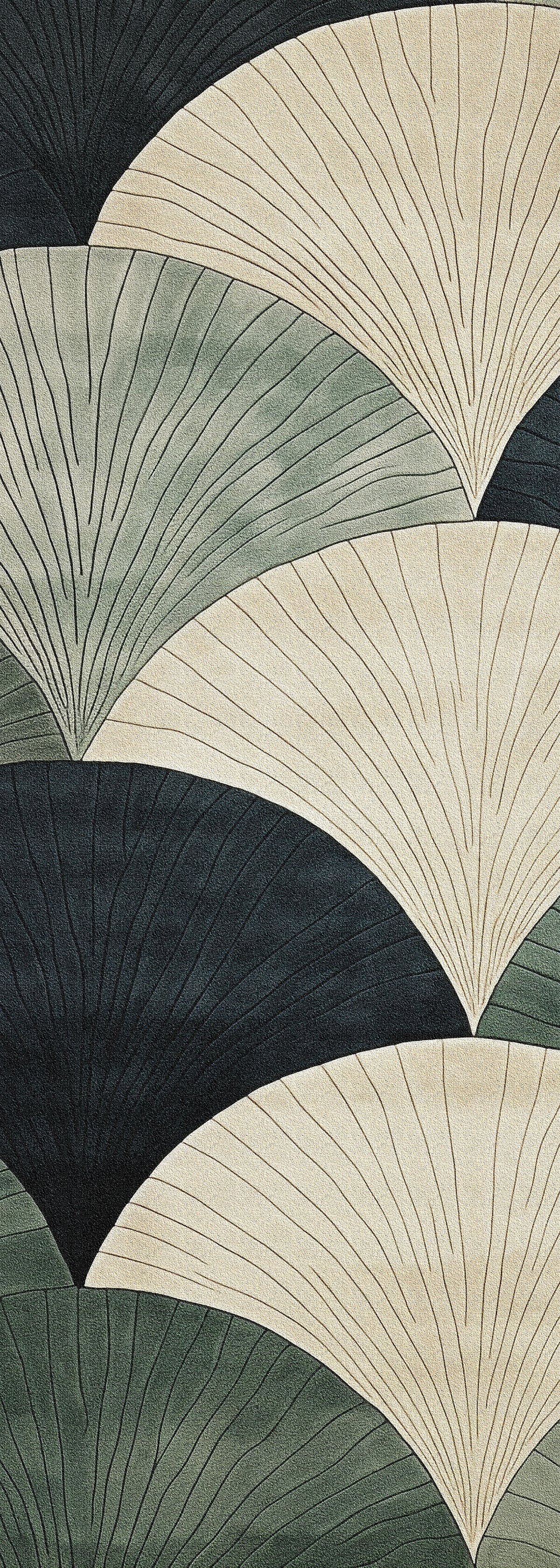 The Vivian Modern Washable Area Rug - MDJ010 features an abstract fan leaf pattern in cream, dark green, and light green with fine black lines—its durable, washable design is perfect for high-traffic areas.