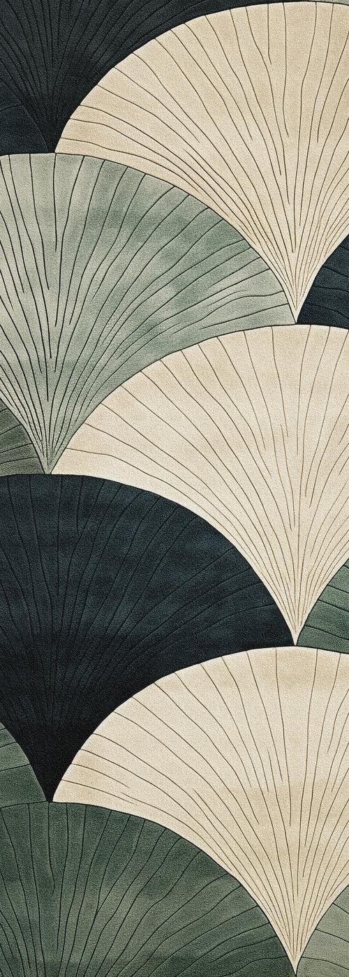 Bild 1 in Galerieansicht laden. The Vivian Modern Washable Area Rug - MDJ010 features an abstract fan leaf pattern in cream, dark green, and light green with fine black lines—its durable, washable design is perfect for high-traffic areas.