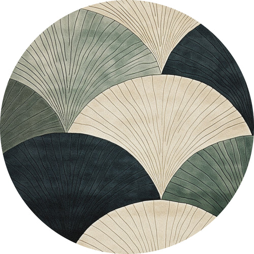 Bild 1 in Galerieansicht laden. The Vivian Modern Washable Area Rug - MDJ010 is a round rug with overlapping fan or leaf designs in beige, green, and dark blue—washable and ideal for allergy-sensitive homes and high-traffic areas, featuring fine radiating lines.