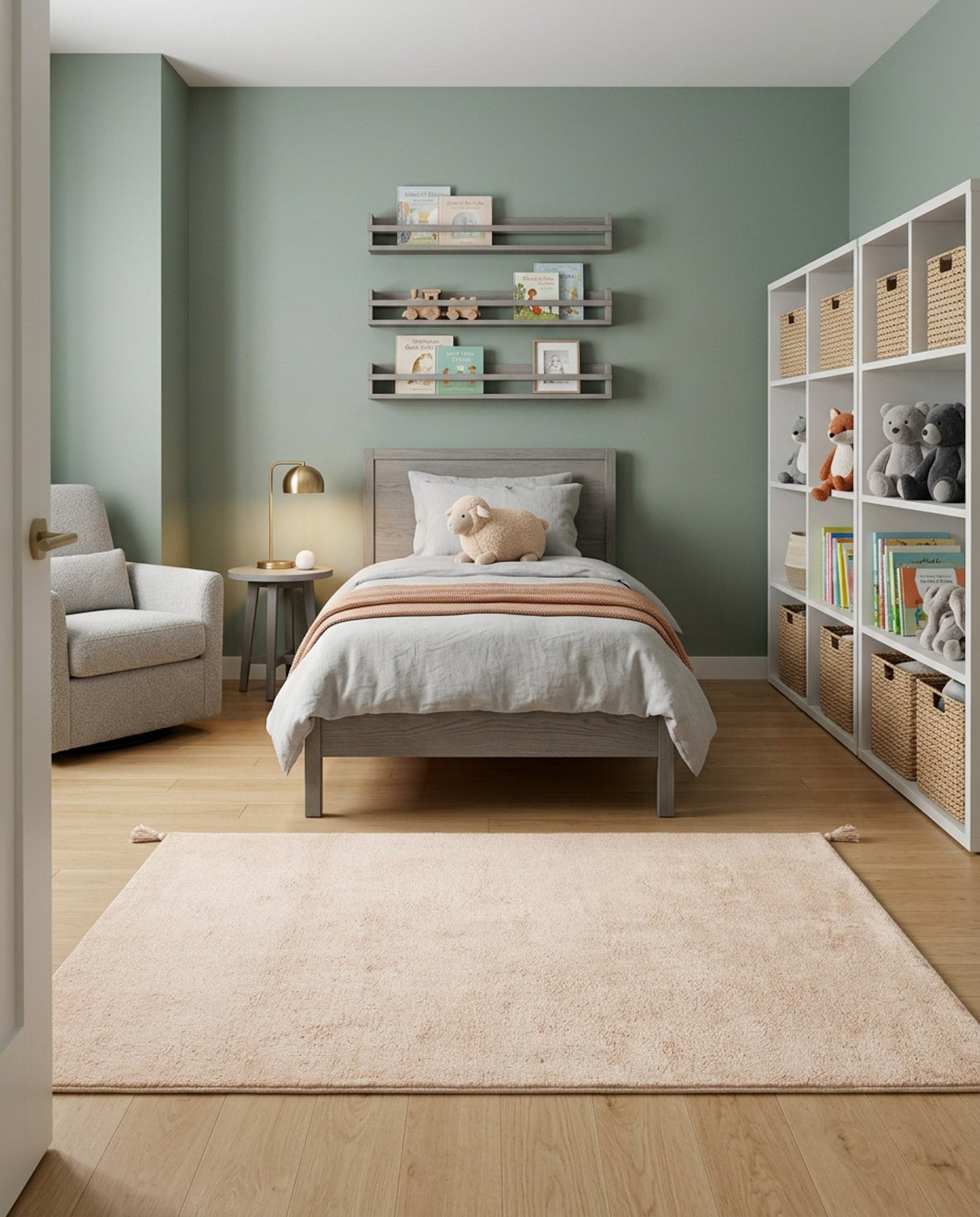 Solid light beige rug with corner tassels, styled in a child's bedroom with sage green walls.