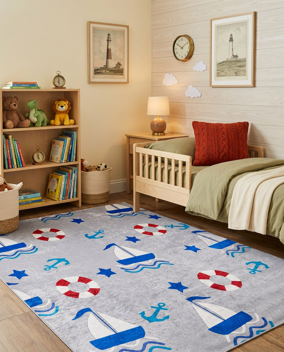 Grey rug with a nautical pattern of sailboats, anchors, life rings, and stars, styled in a child's bedroom.