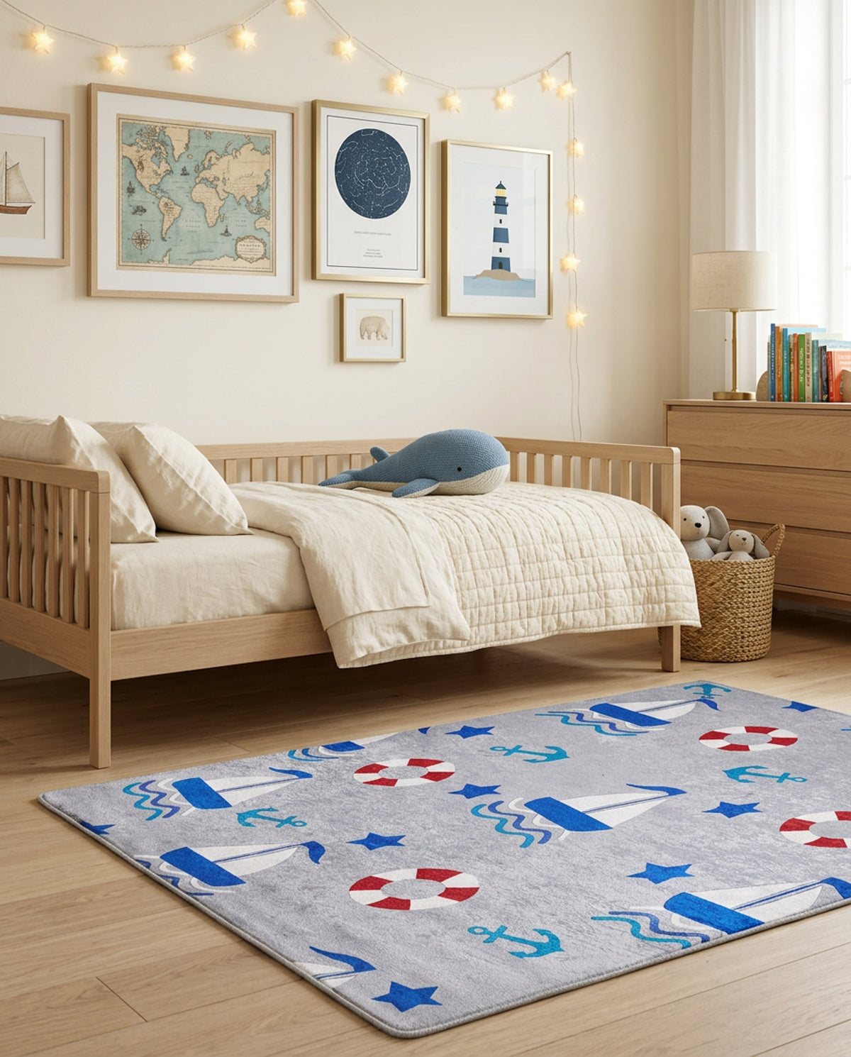 Grey rug with a nautical pattern of sailboats, life preservers, anchors, and stars in a child's bedroom.