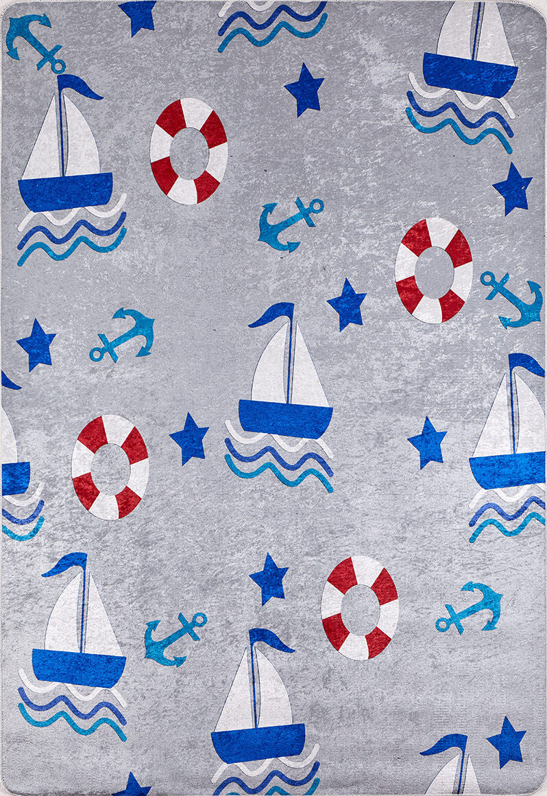 The WaveVenture - Machine-Washable Rug JRC087 (Custom Size) features gray fabric with blue sailboats, red and white lifebuoys, anchors, stars, and wavy lines—ideal for high-traffic areas needing a stylish maritime vibe.