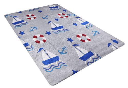 Load image 1 in gallery view. The WaveVenture - Machine-Washable Rug JRC087 (Custom Size) is a rectangular gray and blue rug with nautical sailboats, lifebuoys, anchors, and stars—perfect for high-traffic areas.