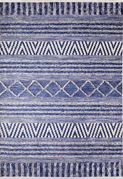 Load image 1 in gallery view. The Wavy Wonders - Washable Rug - JR941 (Custom Size) features blue and white geometric patterns—stripes, zigzags, and diamonds—symmetrically arranged on a rectangular surface. Ideal for high-traffic areas and easy to clean.